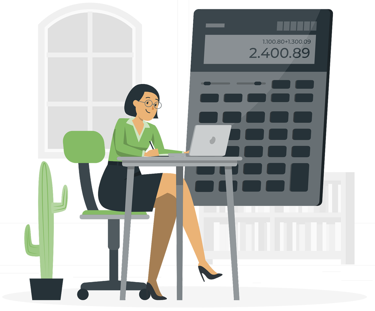 Female accountant sitting with a calculator.