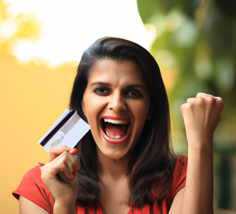 Woman celebrating her zero percent interest credit line.